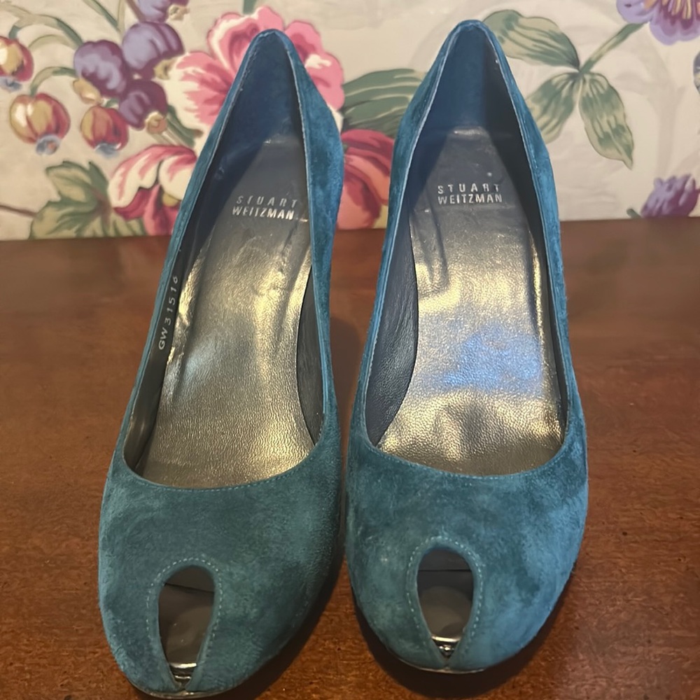 Stuart weitzman teal suede pumps